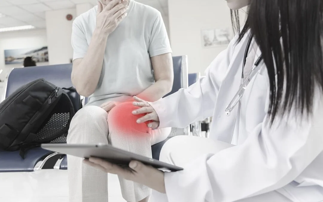 Female doctor examining an elderly woman’s painful knee highlighted in red during a consultation